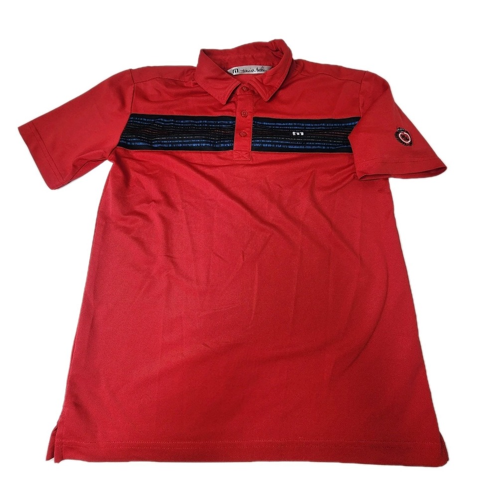 Travis Mathew Boys Size Large Golf School Polo Shirt Red W Blue Stripes